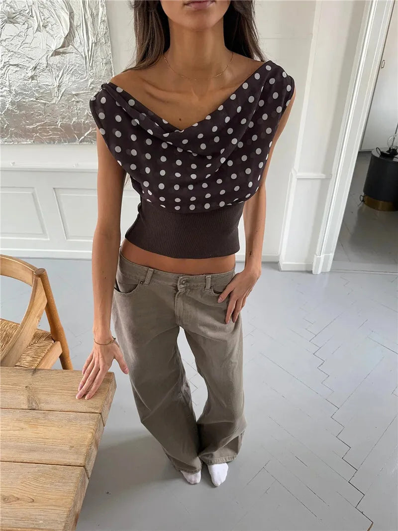 Women's Backless Polka Dot Crop Top Summer New Oblique Shoulder Sleeveless Tank Top