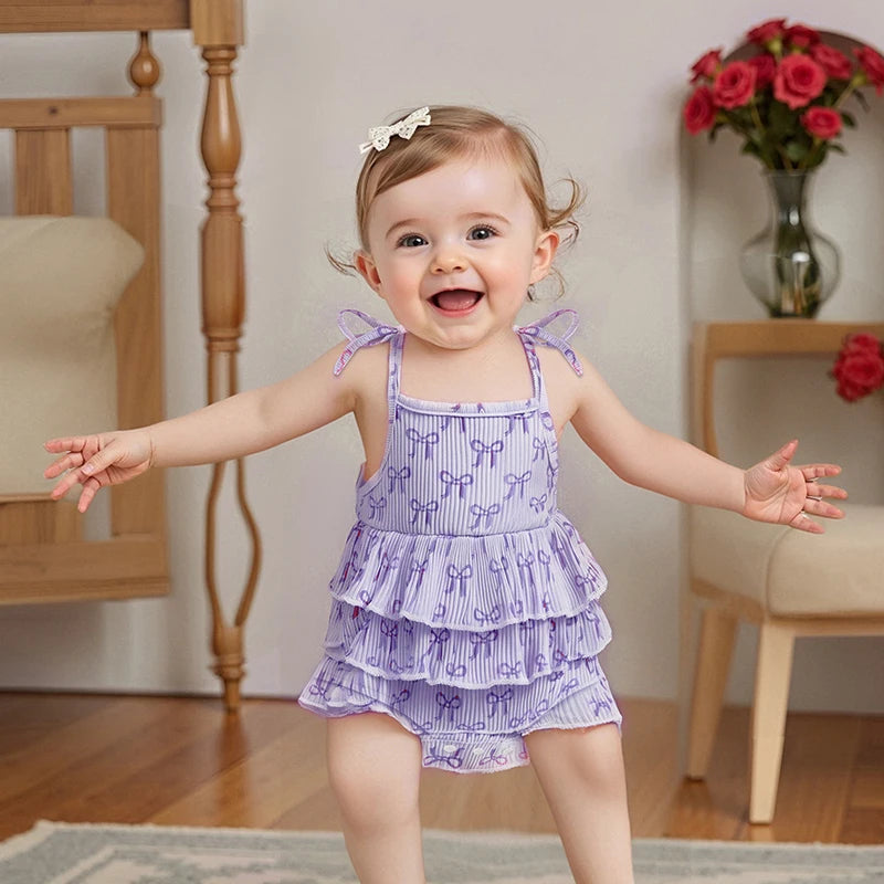 Bow Print Layered Ruffle Spaghetti Strap Baby Romper