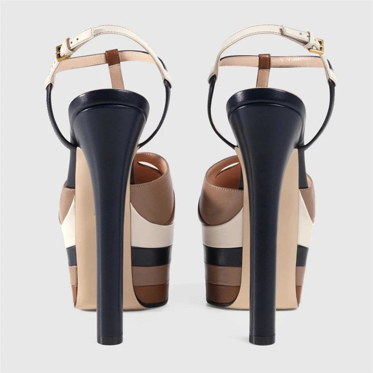 Women's Leather Platform Sandals - Wedge Heel Rivet T-Strap Sandals