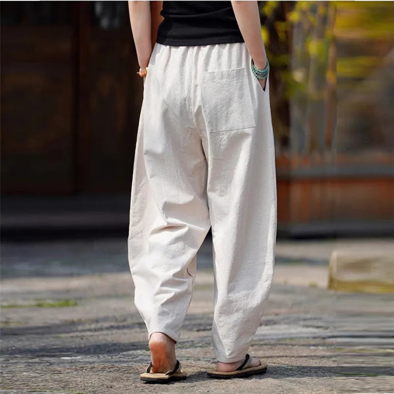 Men's Spring Summer Casual Pants Cotton Linen Chinese Style Wide Leg  Loose Trousers