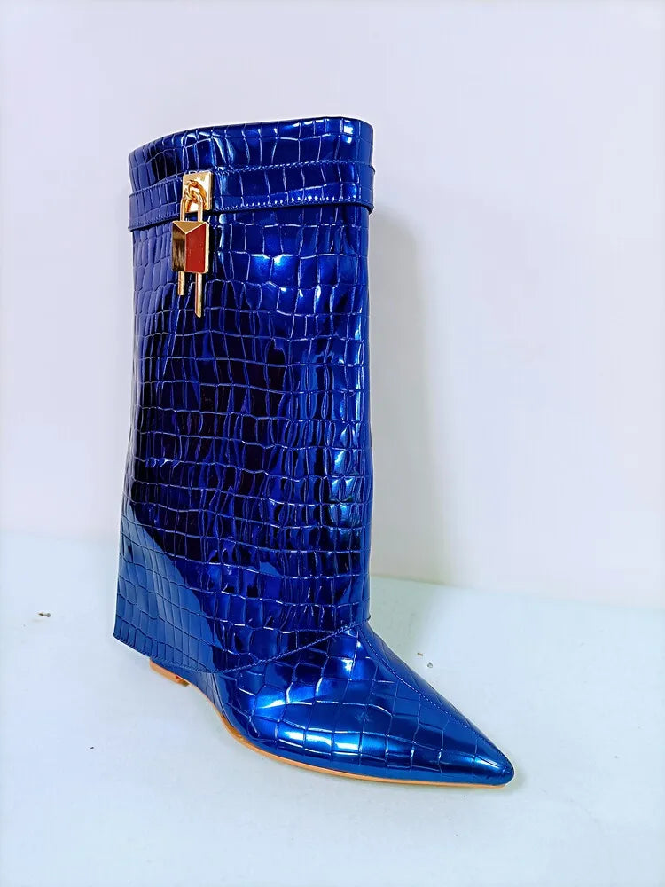 Women's Wedge Leather Mid-Calf Boots - 10cm Heel Metal Buckle Boots