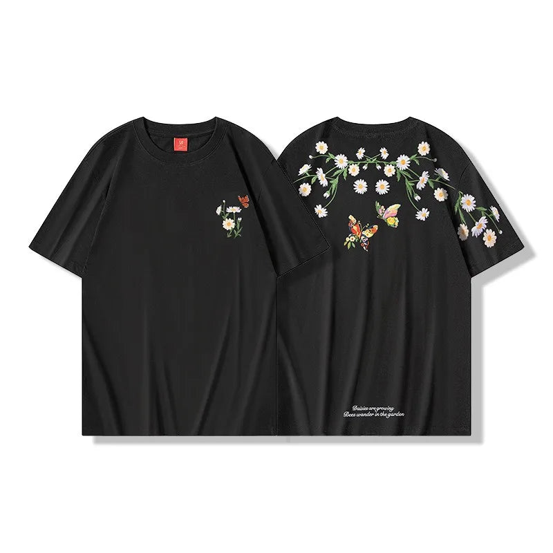 Men's Guochao short-sleeved Butterfly Embroidery Round Neck Cotton T-Shirt