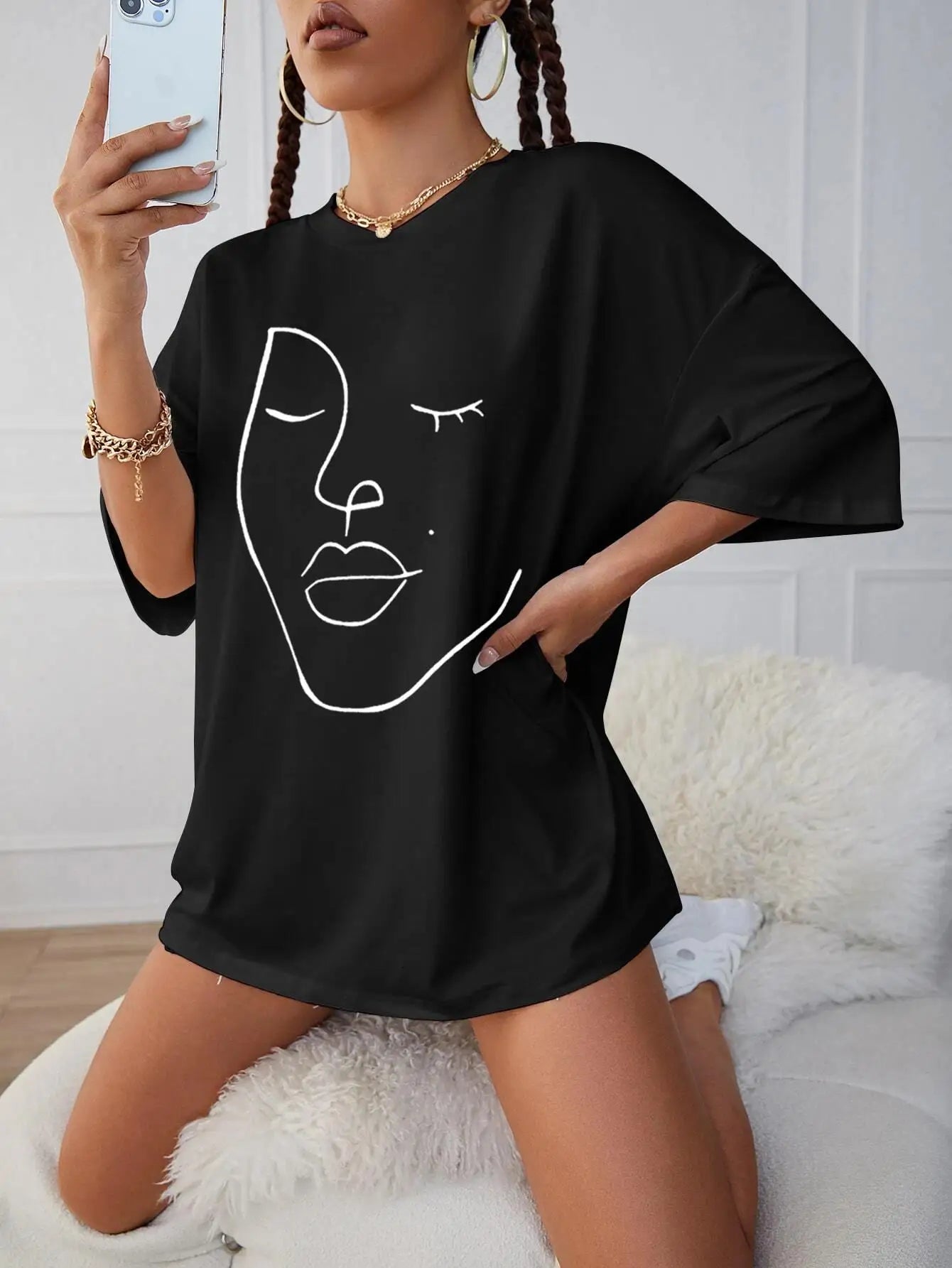 Simple Line Pattern Women's Face Printing Cotton Short Sleeve T-Shirt