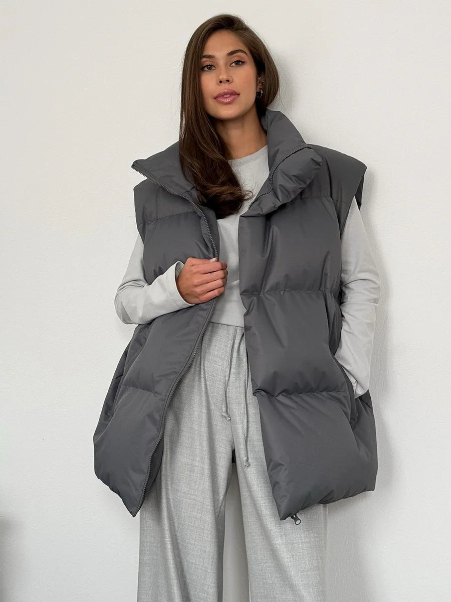 Women's Cotton-Padded Vest Jacket: Loose Casual Sports Coat for Autumn Winter Eye-Catching Solid Sleeveless Parka