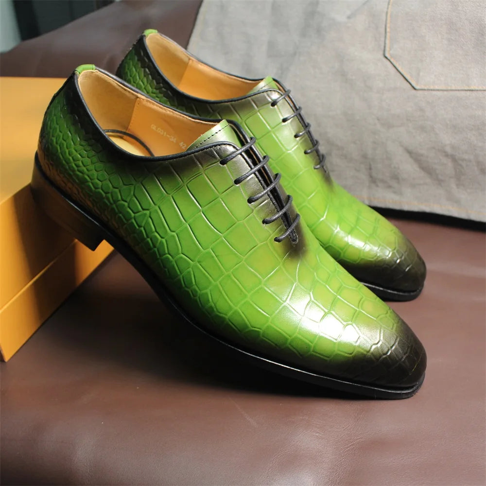 Men's Genuine Cow Leather Crocodile Print Business  Formal Wedding Shoes