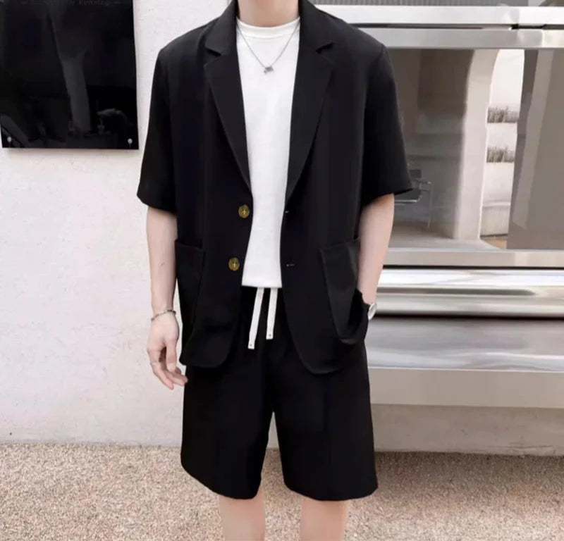 Men's Lapel Short Sleeve Blazer & Shorts Two Pieces Set Suit