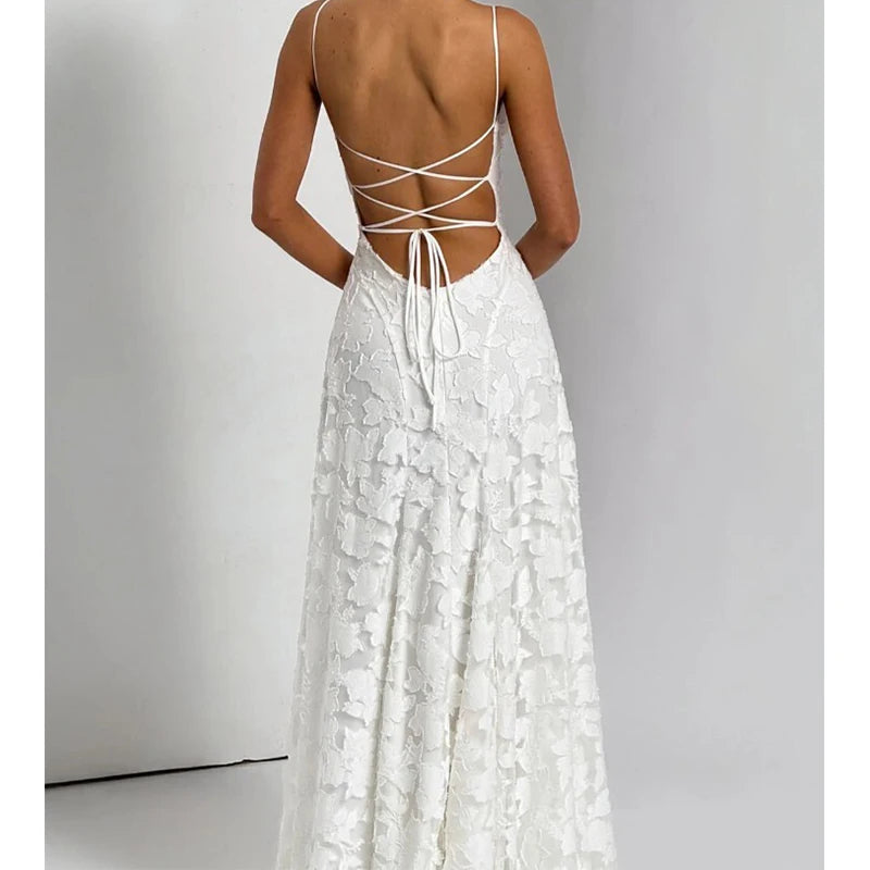 Backless Bandage Evening Dress - Elegant Jacquard A-Line Maxi Dress