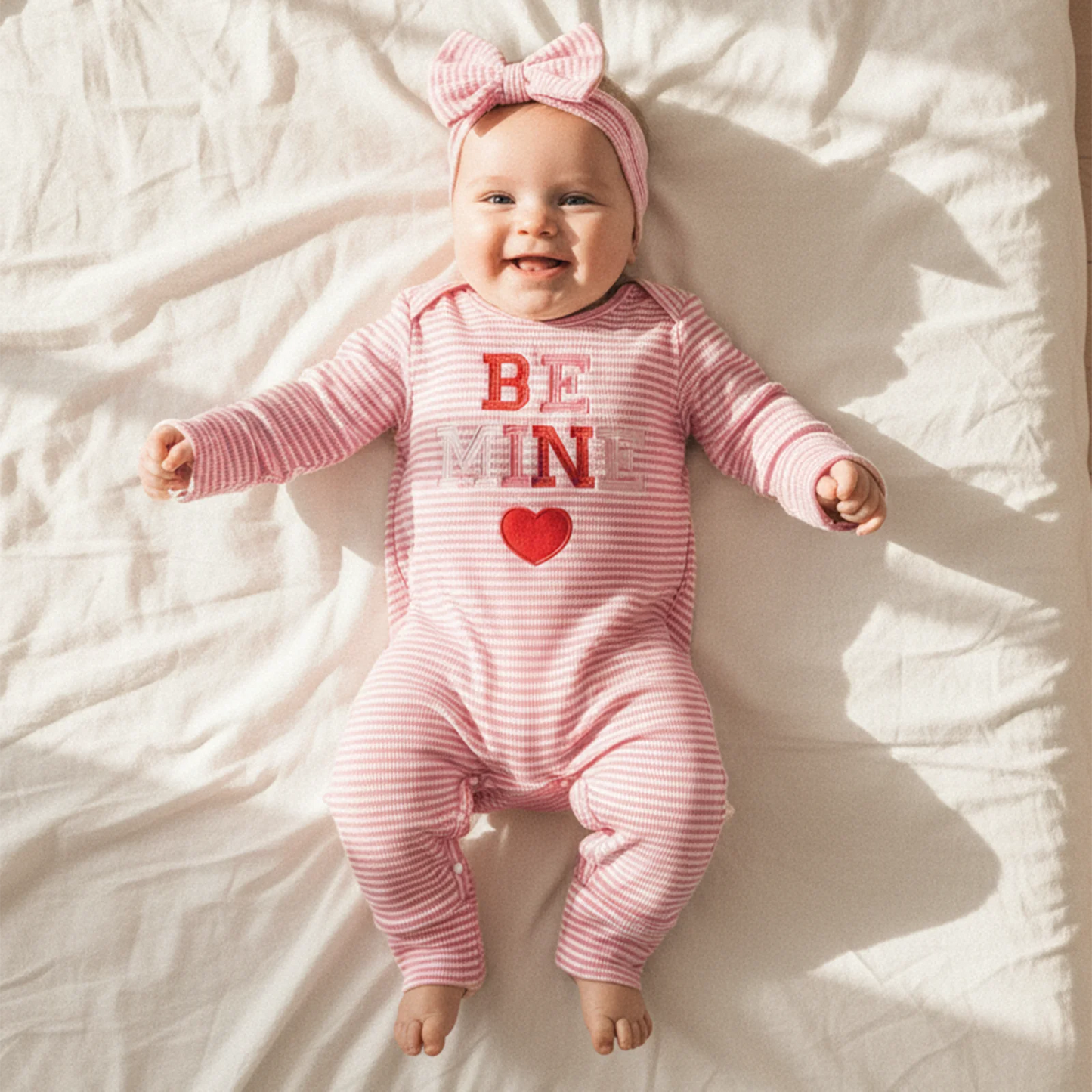 Newborn Baby Romper with Headband - Love Heart Embroidery Stripe Design