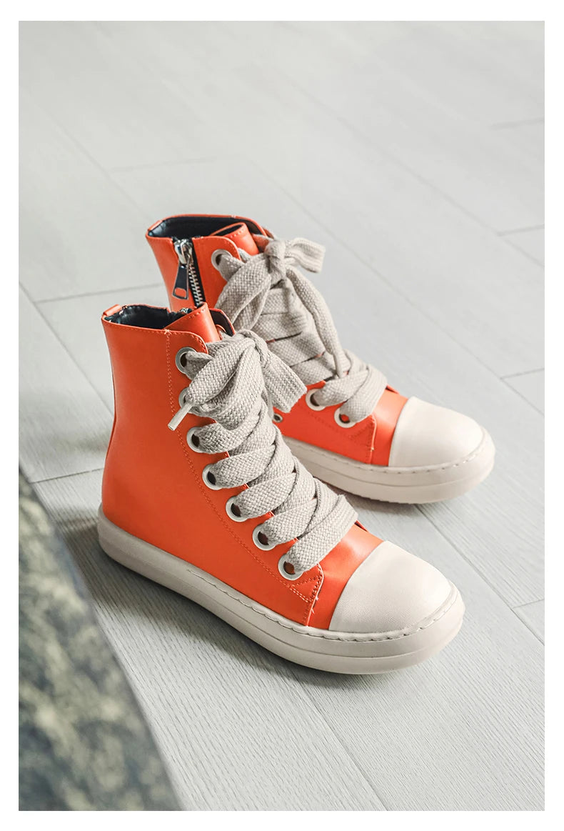 Men's High-Top Leather Sneakers - Lace-Up Zipper Ankle Boots
