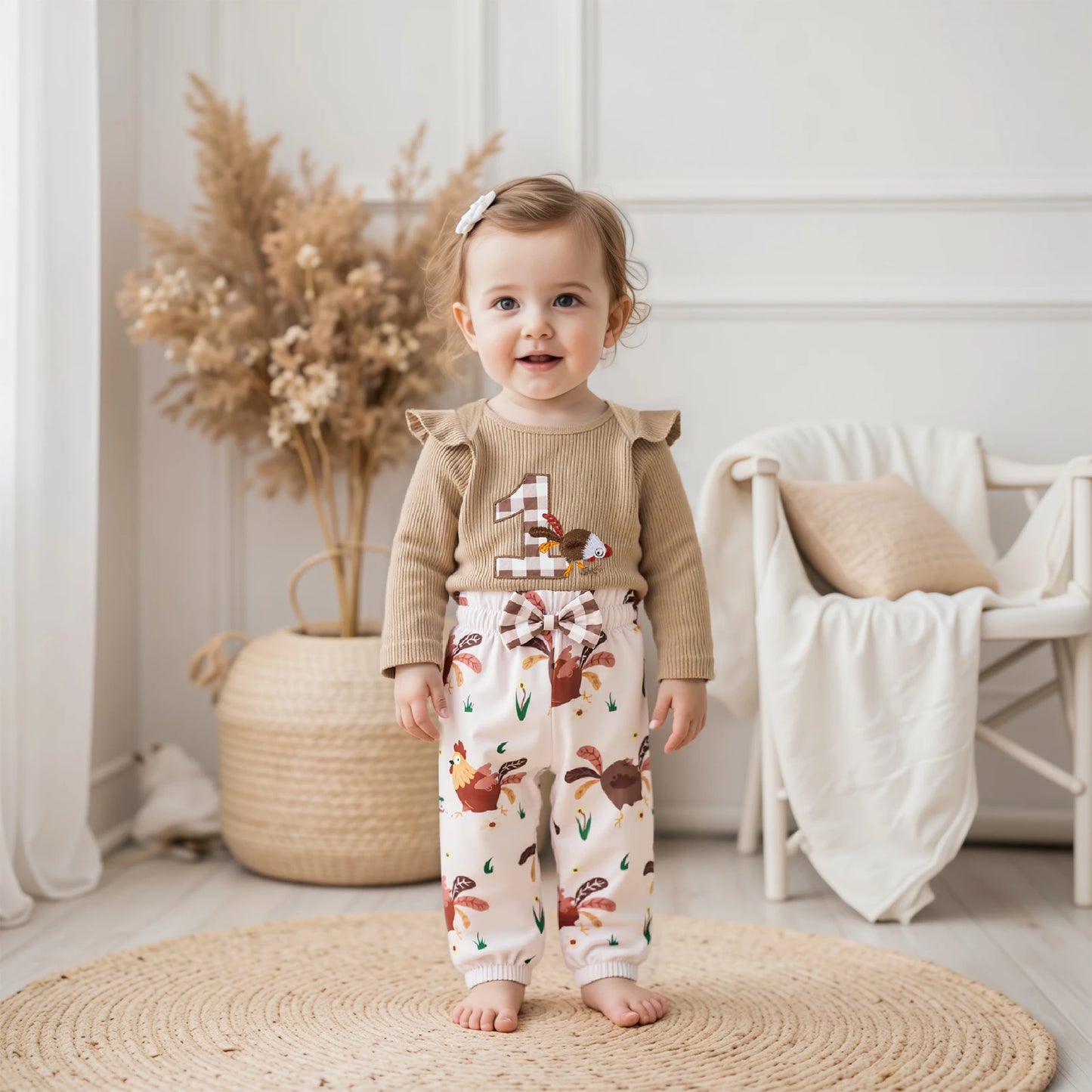 Baby 3-Piece Outfit Set - Ruffle Long Sleeve Embroidery Romper & Pants (0-18M)