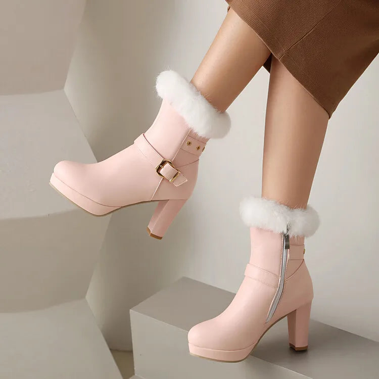 Studded Ankle Boots - 8cm High Heel with Plush Collar and Metal Belt