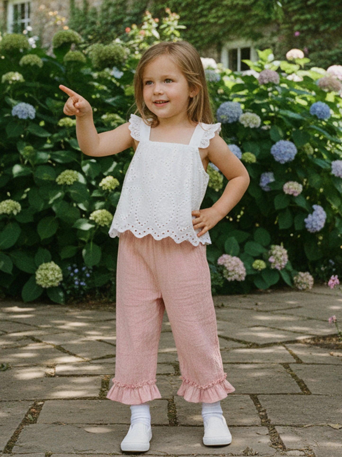 Girls Spring Outfit Set - Lace Ruffle Sleeveless Top & Wide Leg Pants (2-7Y)
