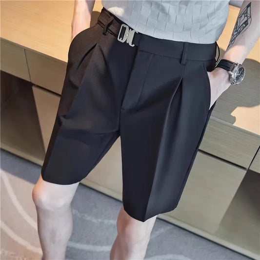 Men's Elastic Waist Suit Shorts - Slim Fit Casual Knee Length