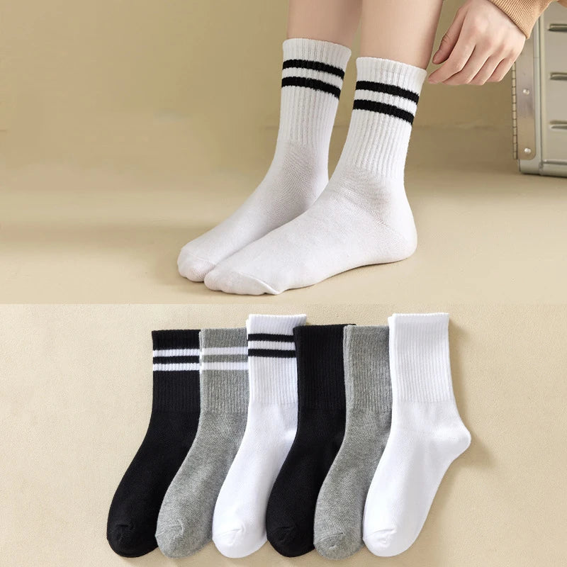 3 Striped Cotton Socks - Unisex Streetwear Casual Knitted Socks