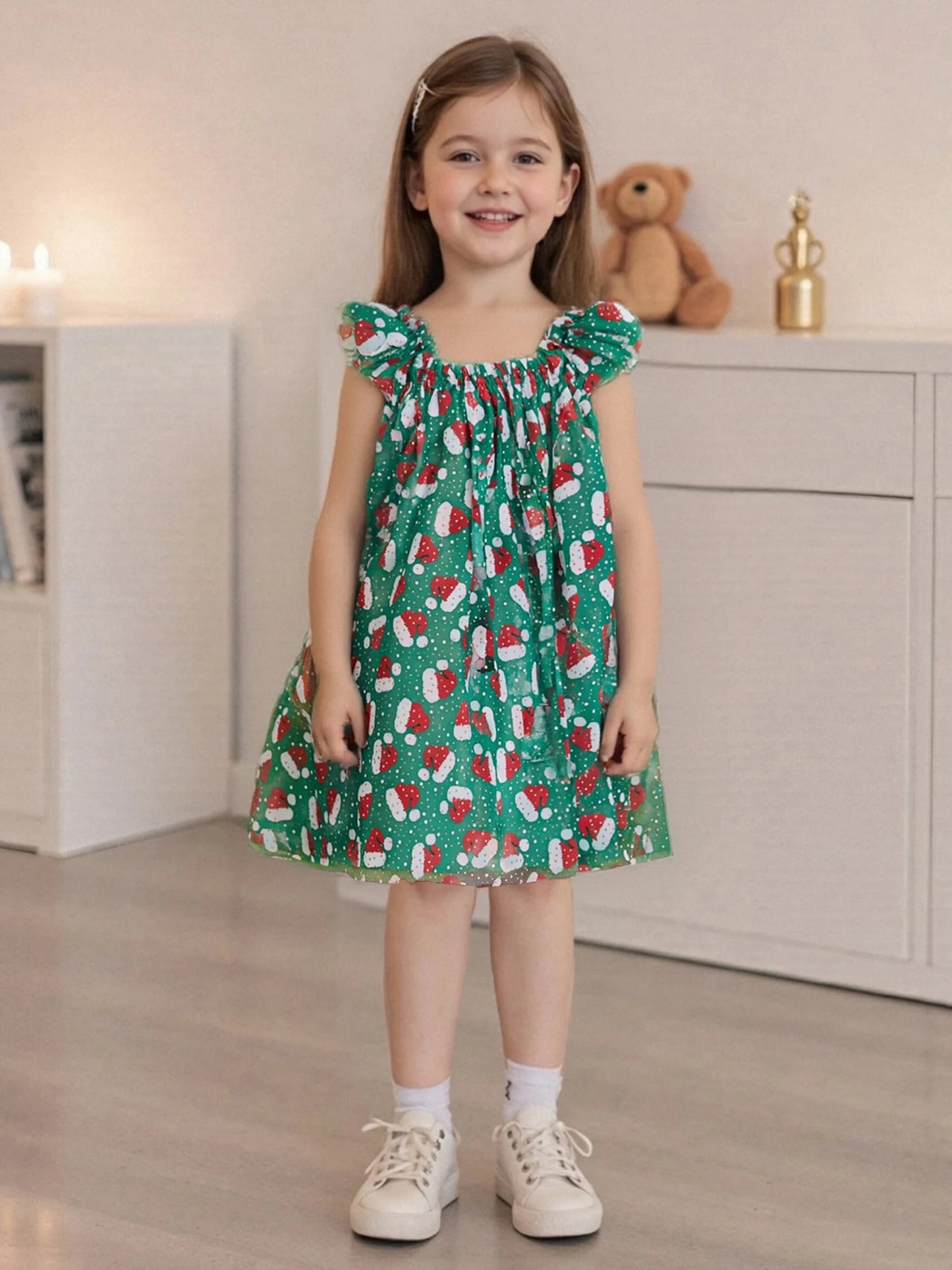 Toddler Girls' Christmas Tulle Dress - Santa Hat Print Sleeveless A-Line Party Dress