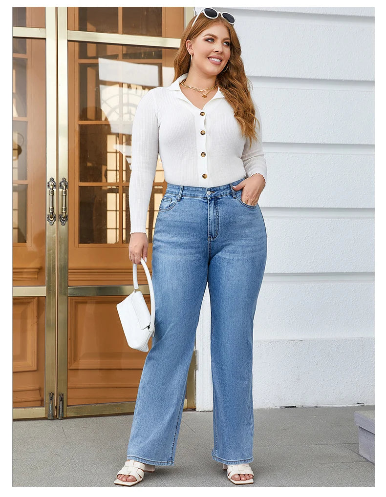 Plus Size Wide Leg Jeans - Women High Waist High Stretchy Straight Denim Jeans