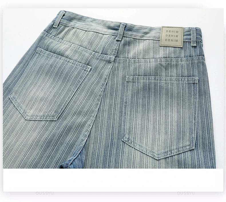 Men's Cotton Striped Straight Leg Jeans | Zipper Fly | Moustache Effect Wash | Midweight | Spring Summer | High Street