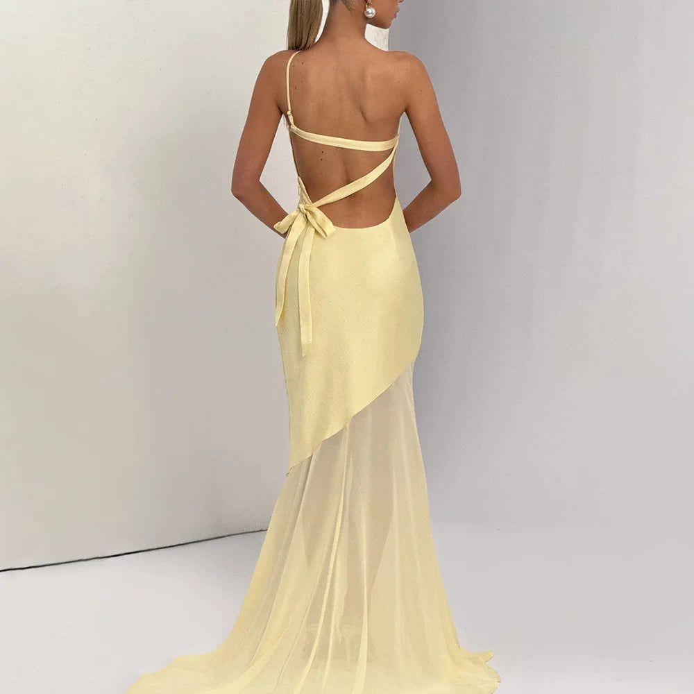 Women's Elegant Asymmetrical Backless Maxi Dress - Bandage Sleeveless Mesh