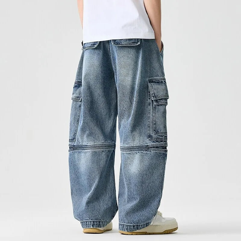 Men's Wide Leg Denim Jeans - Vintage Casual Loose Fit Trousers