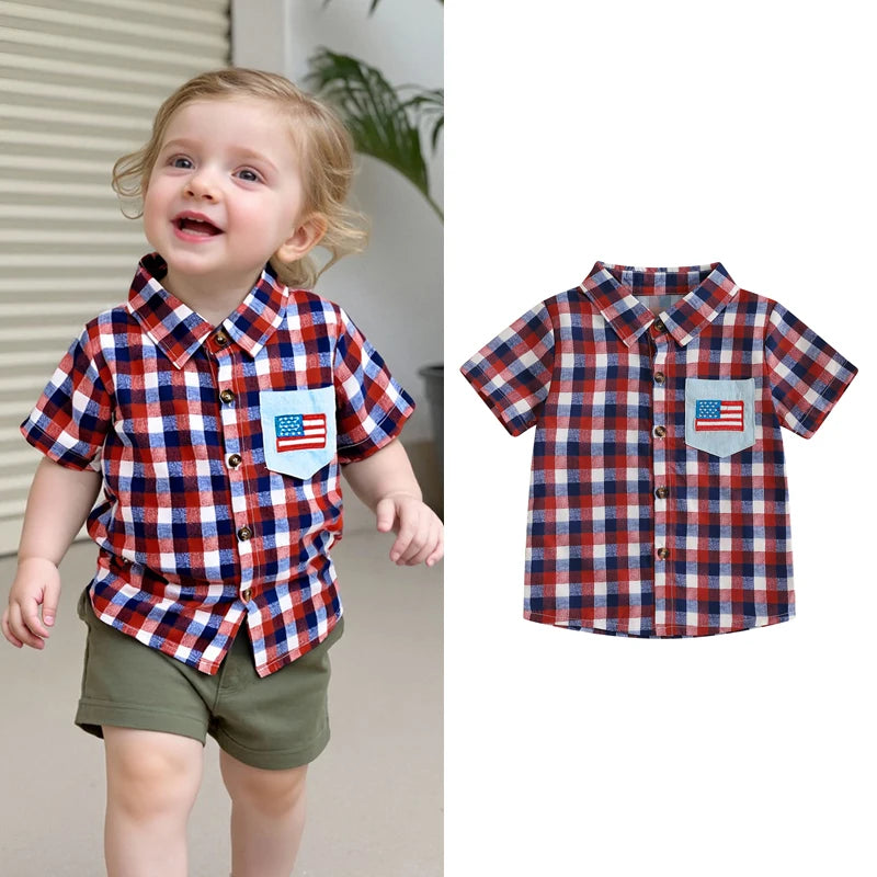 0-5Y American Flag Kids Boys Shirts Short Sleeve Plaid Print Button Down Shirts Toddler Summer Top
