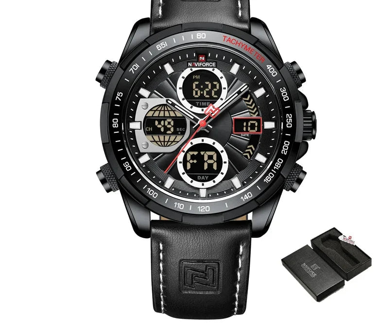 Men's Leather Military Sport Waterproof Watch - Chronograph Quartz Wristwatch