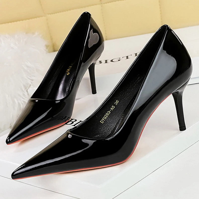 Patent Leather Stiletto Pumps - Pointed Toe High Heels for Special Occasions