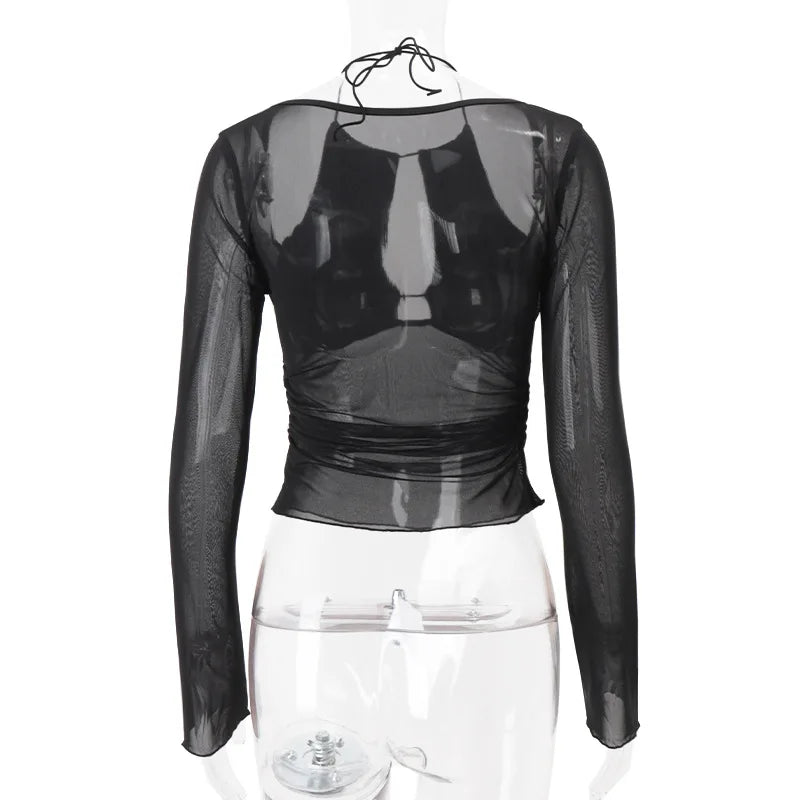 Women's Mesh See Through Long Sleeve Top - Asymmetrical Halter Style