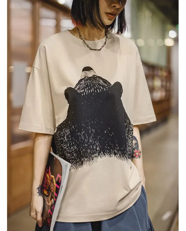 Women's Apricot Bear Print Oversized T-Shirt - Cute Loose Fit Ribbed Crew Neck Summer Tee