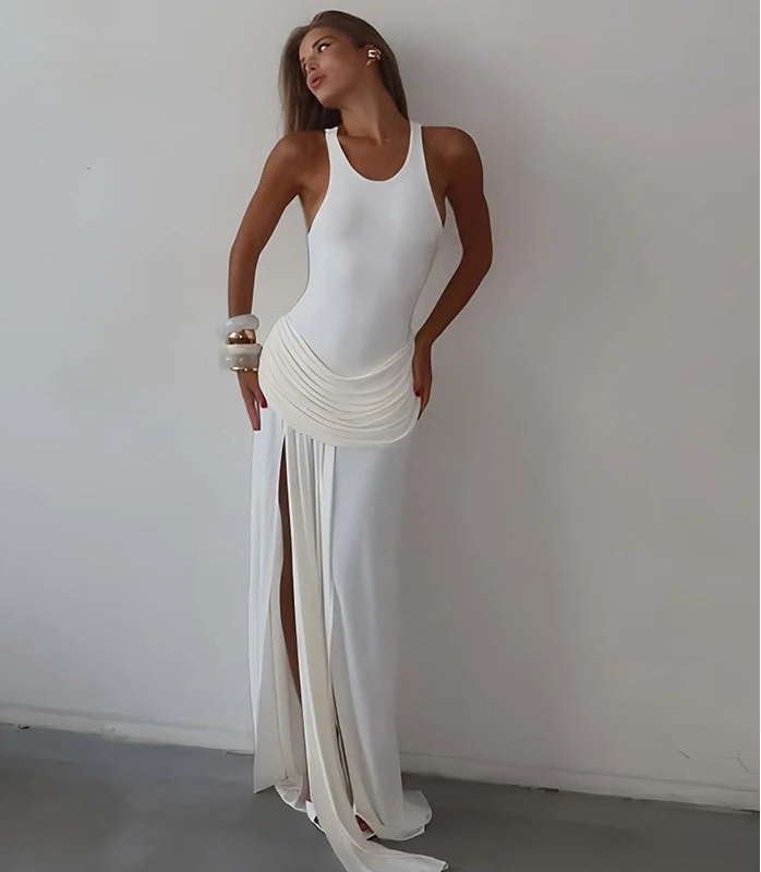 Women's Ruched Split Maxi Dress - Elegant Sleeveless Evening Gown