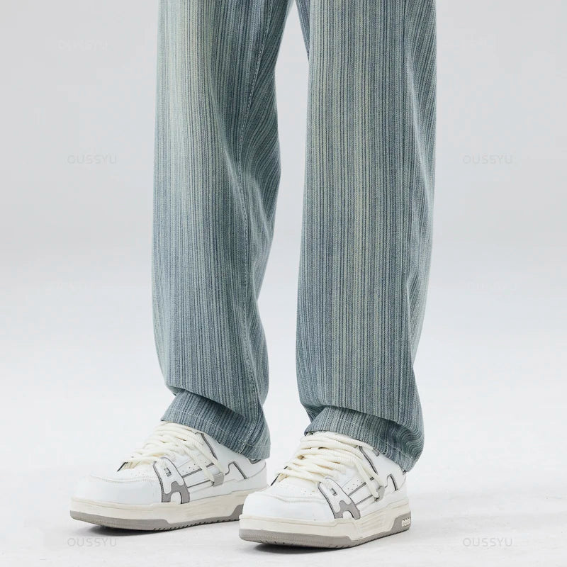 Men's Cotton Striped Straight Leg Jeans | Zipper Fly | Moustache Effect Wash | Midweight | Spring Summer | High Street