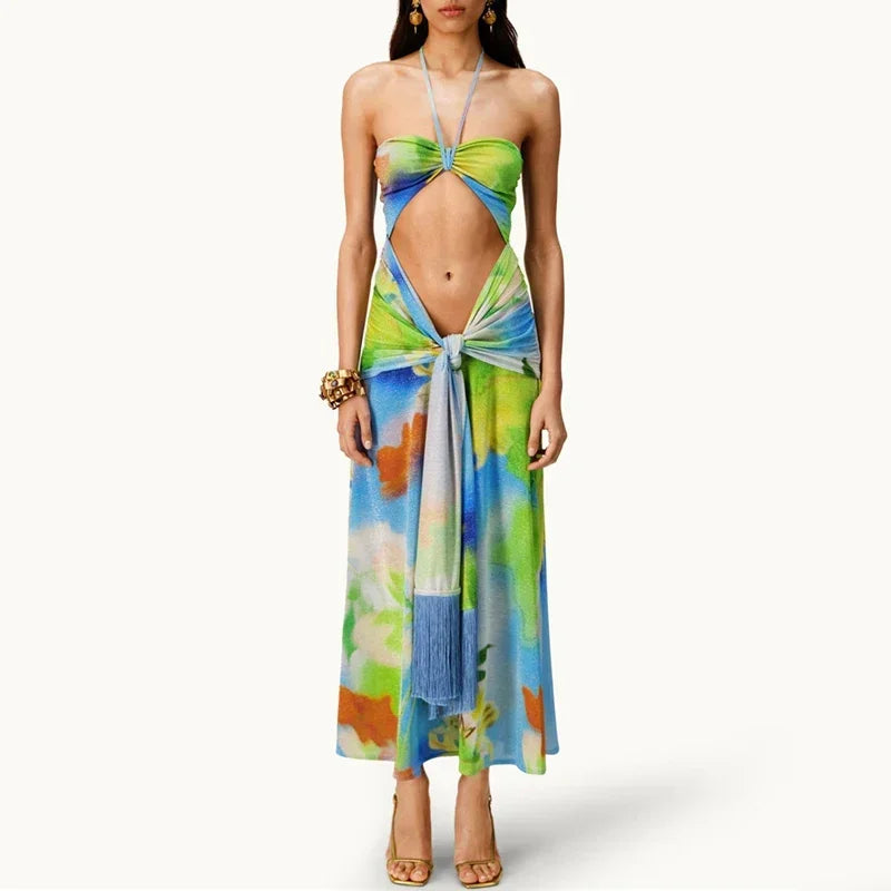 Women's Bandage Halter Backless Print Hollow Slim Long Sleeveless Strap Beach Dress