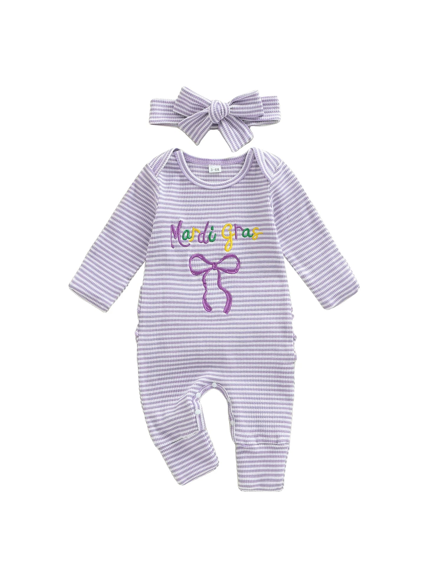 Newborn Baby Romper with Headband - Bow Letter Embroidery Stripe Long Sleeve Jumpsuit