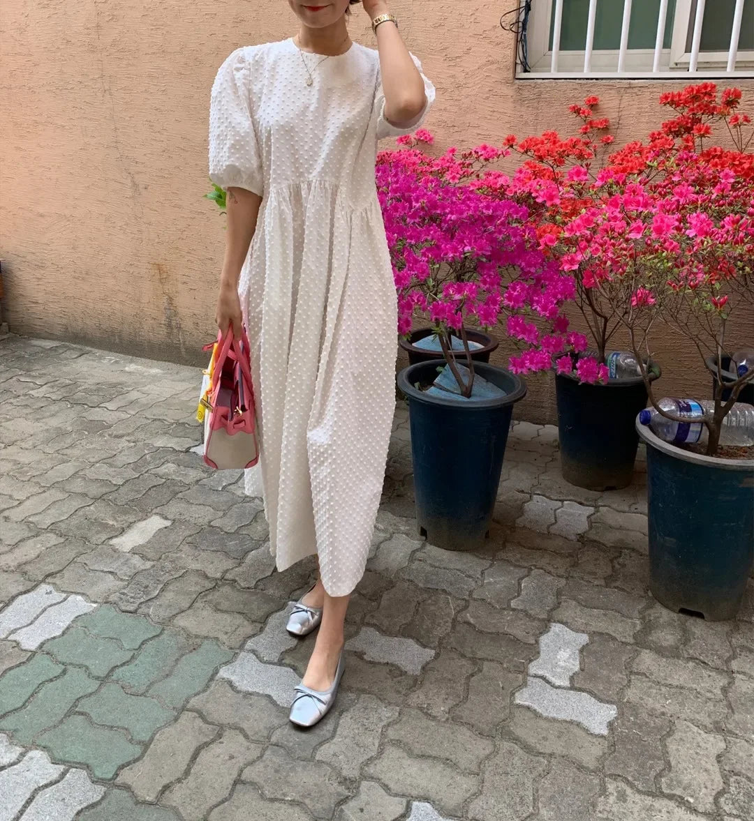 Women's Long Dress Casual Round-neck Puff Short Sleeve Elegant Loose Chiffon Dress