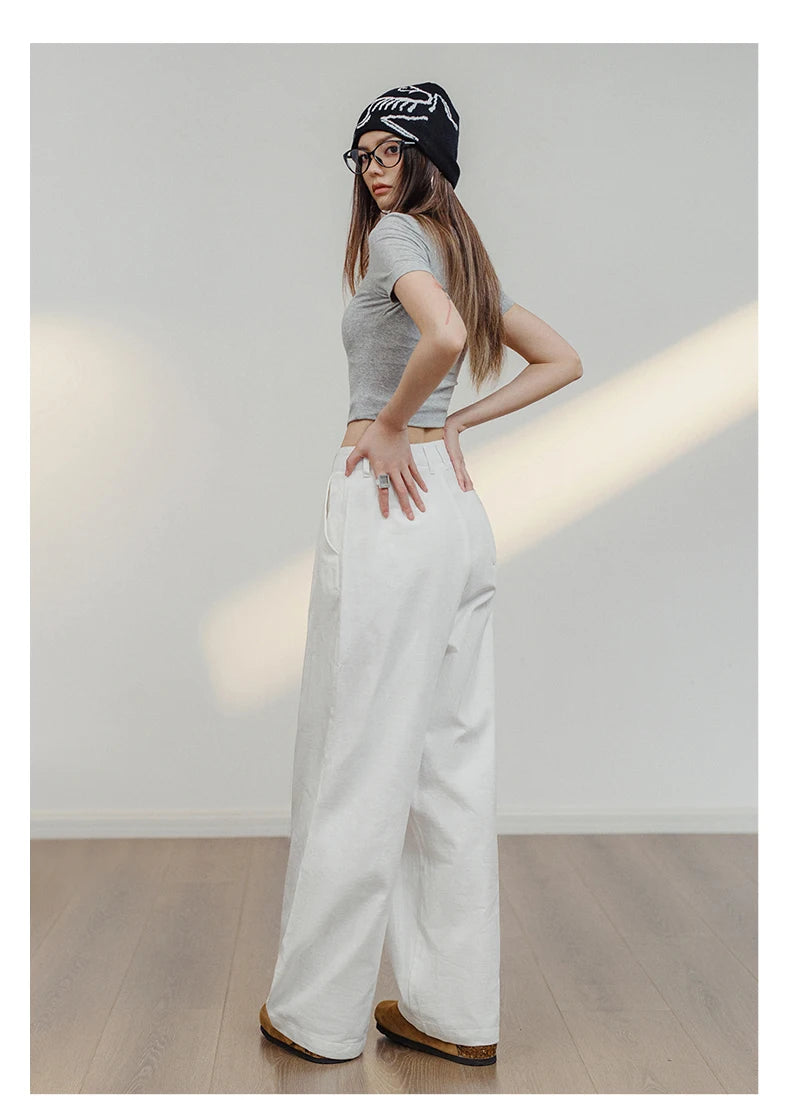 Women's White 100% Cotton Wide-Leg Cargo Trousers | Loose Straight Streetwear Pants