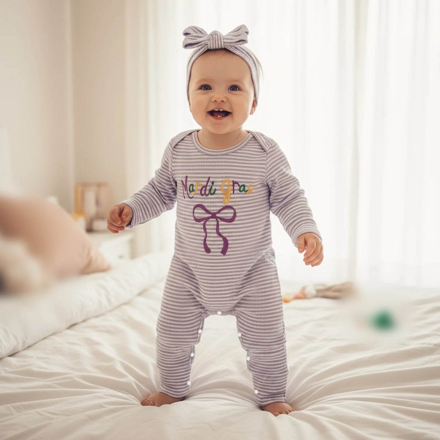 Newborn Baby Romper with Headband - Bow Letter Embroidery Stripe Long Sleeve Jumpsuit