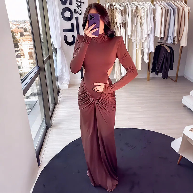 Women's Ruched Long Sleeve Maxi Dress - Elegant Backless Evening Gown