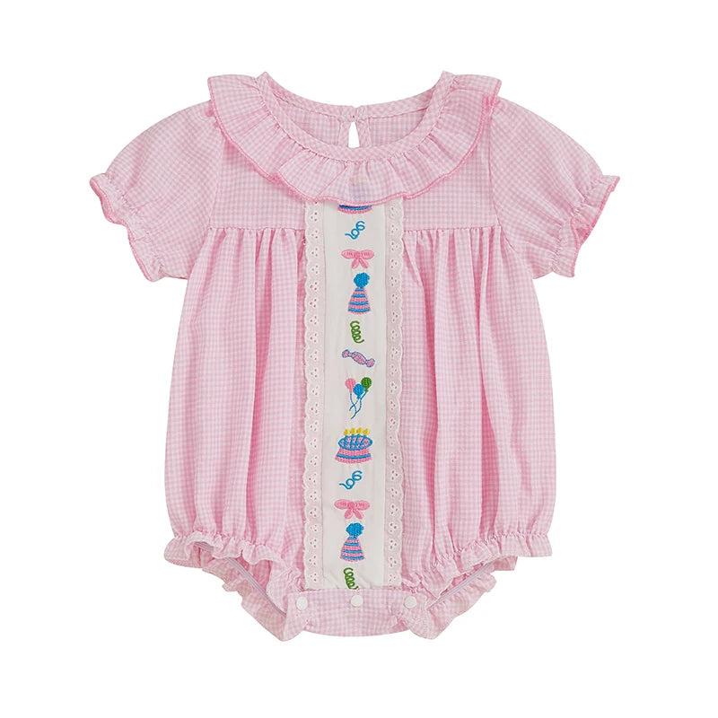 Baby Girls Birthday Romper with Cake Embroidery - Plaid Doll Collar Jumpsuit (0-24M)