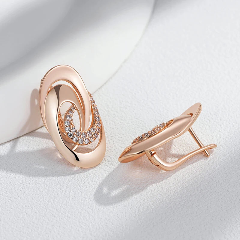 Women's Unusual Geometry Glossy 585 Rose Gold Color Natural Zircon Big Ring Earrings Necklace Set