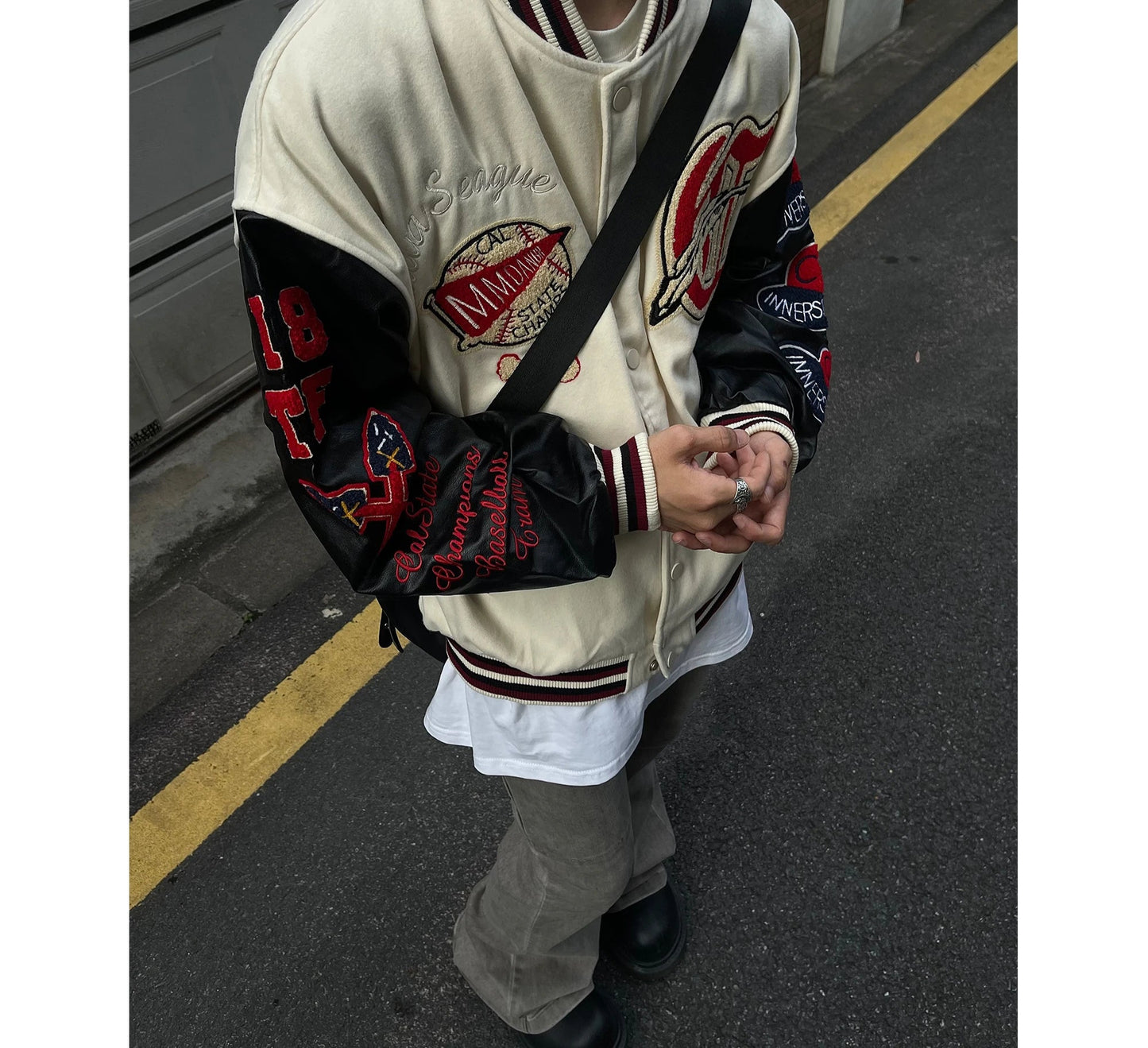 Men's Vintage Flocked Embroidery Patchwork Varsity PU Leather Sleeve Baseball Jacket