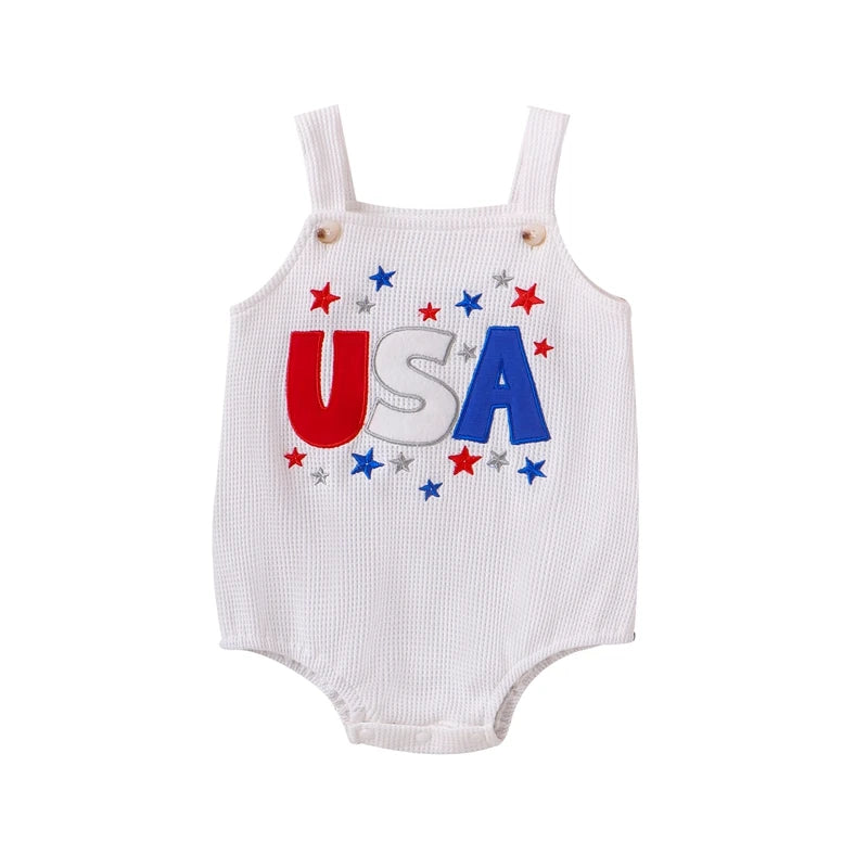 0-18M Baby Waffle Romper Sleeveless Letter Star Embroidery Square Neck USA Print Jumpsuits