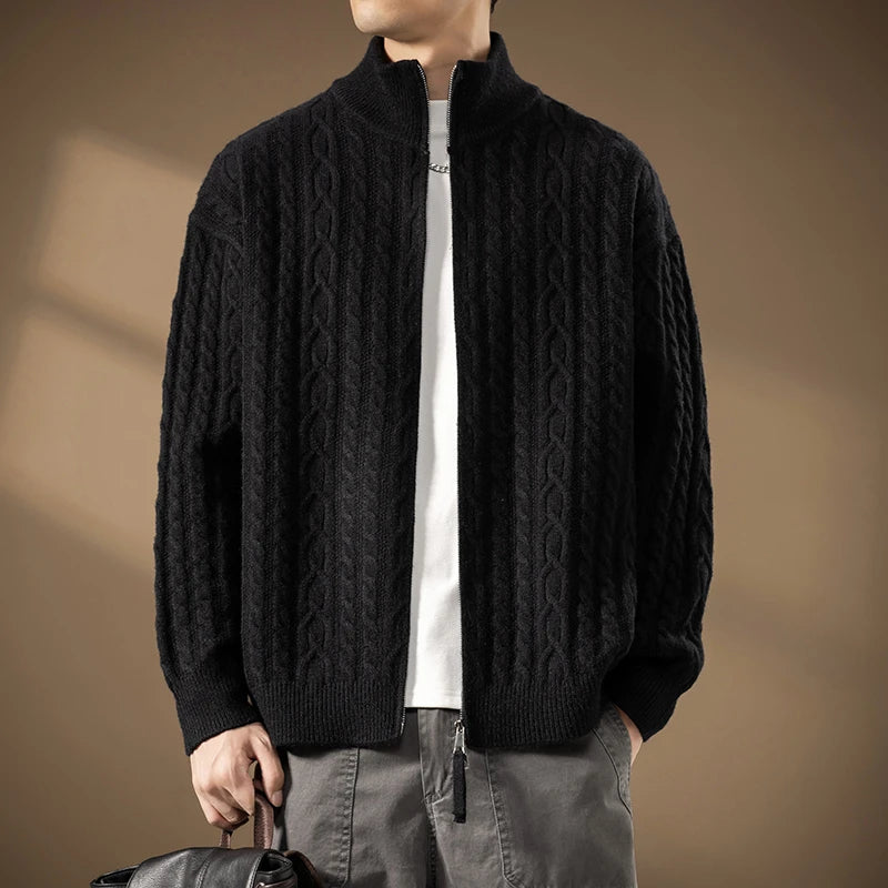 Men's Stand Collar Knitted Cardigan Sweatercoat Loose Fit Warm Casual Jacket