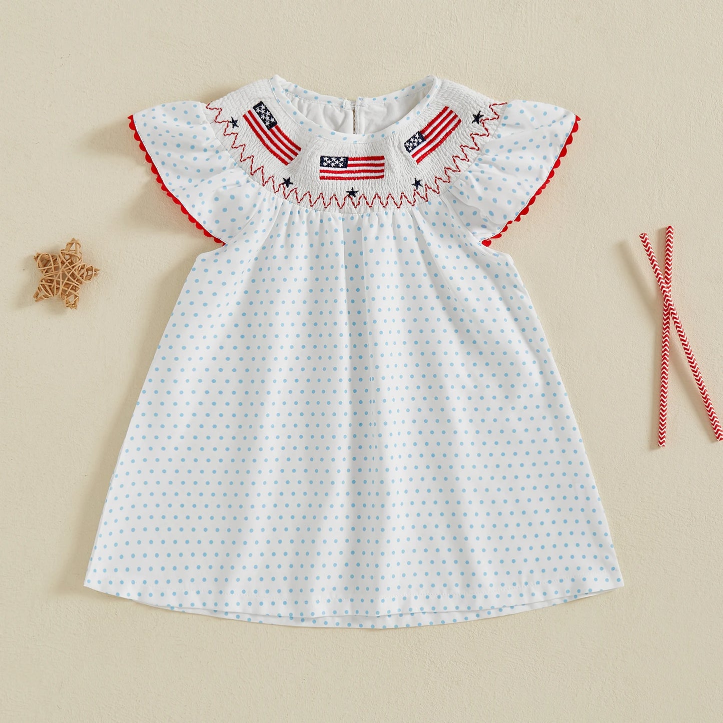Kids Girls Dress 0-5Y USA Flag Embroidery Dot/Plaid Print Short Sleeve A-Line Dress