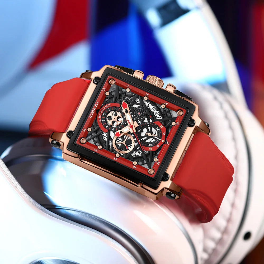 Men's Sports Watch - Large Dial Rectangular Design with Chronograph & Auto Date