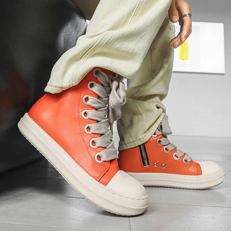Men's High-Top Leather Sneakers - Lace-Up Zipper Ankle Boots