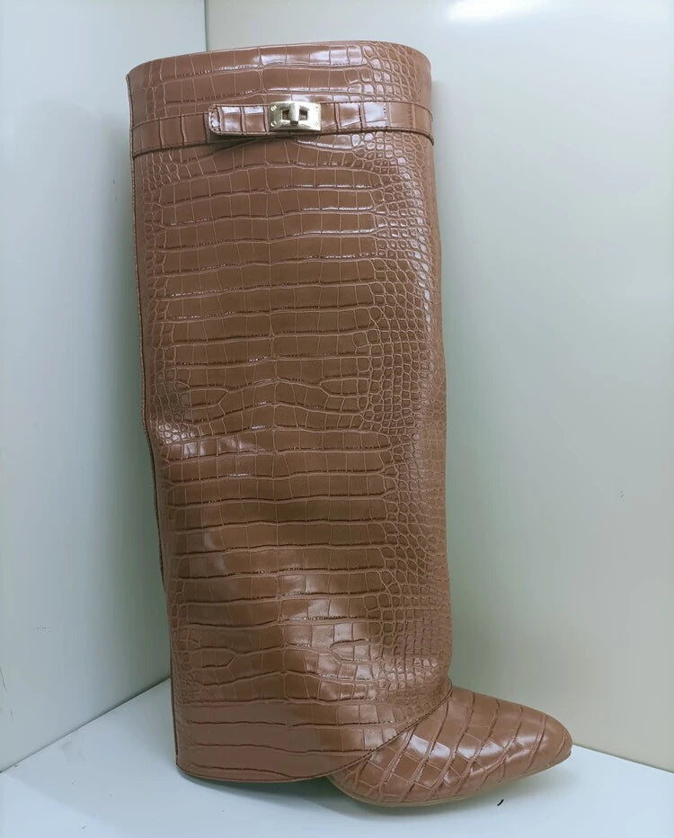 Women's Wedge Leather Mid-Calf Boots - 10cm Heel Metal Buckle Boots