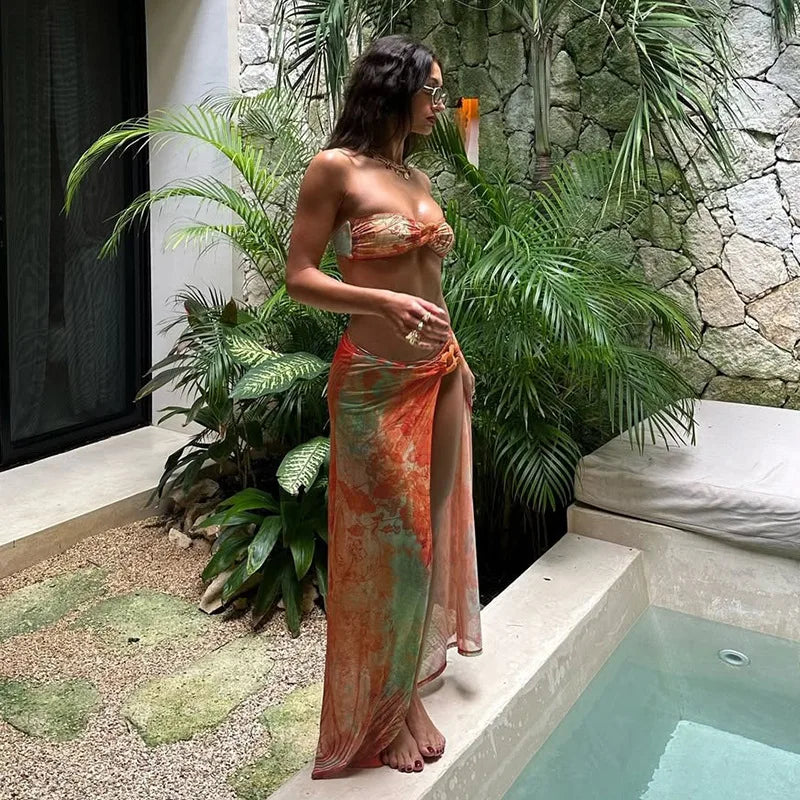 Women's Summer Beachwear Print 3 Piece Set Strapless Top Backless Split Skirt Bikini Dress Set