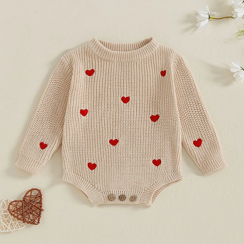 Newborn Baby Girl's Sweater Romper - Heart Knit Long Sleeve Jumpsuit for Valentine's