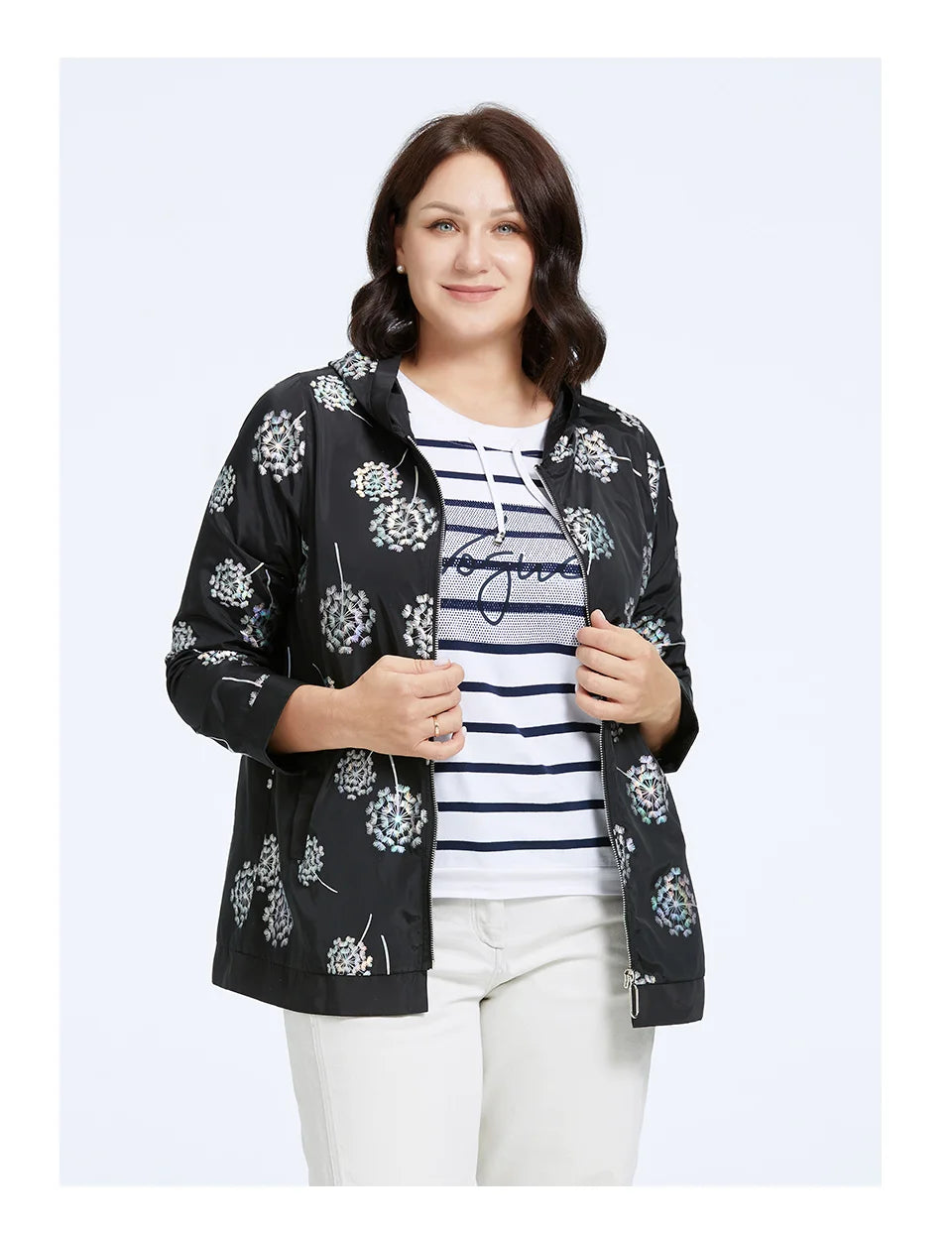 Women's Oversized Hooded Flower Print Zip Windbreaker Jacket