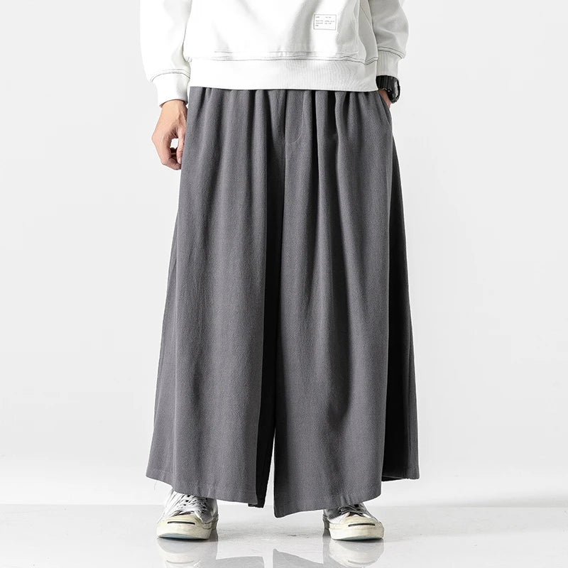 Men's Loose Wide Leg Cotton Linen Trousers with Elastic Waist