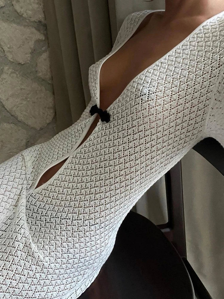 Women's Knitted Maxi Dress Outfit - Long Sleeve See Through Hollow Out Dress